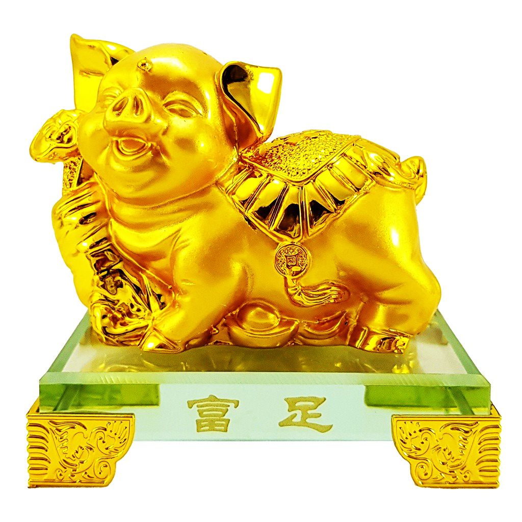 Tượng chú heo vàng đế kính thủy tinh cao cấp - Tượng Hợi Chiêu Tài