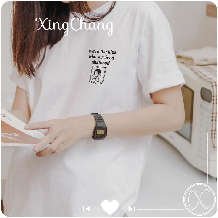 Áo thun nữ trắng cổ tròn, áo thun tay ngắn cao cấp XingChang nữ tính in Adulthood mã NXC55