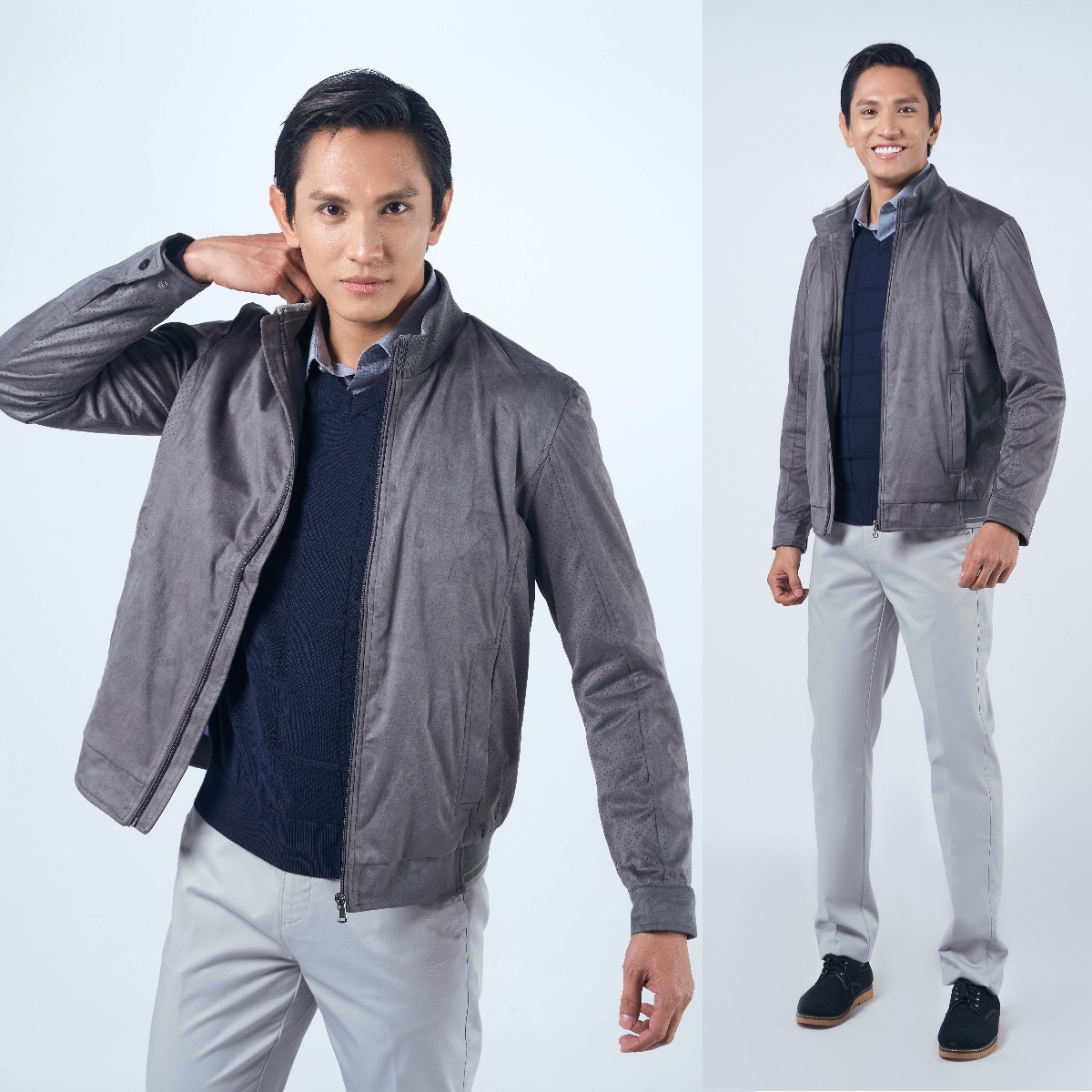 OWEN - Áo khoác nam da lộn 2 lớp màu xanh / màu ghi