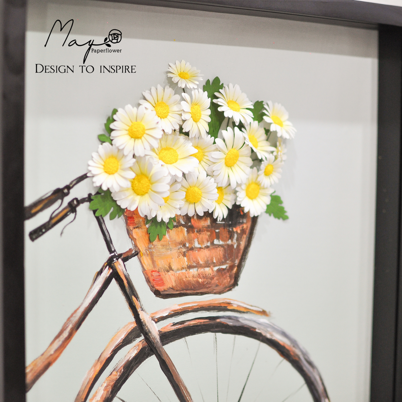 Tranh hoa giấy handmde trang trí cao cấp ROMANCE BICYCLE FLOWERS 40x40cm - Maypaperflower Hoa giấy nghệ thuật