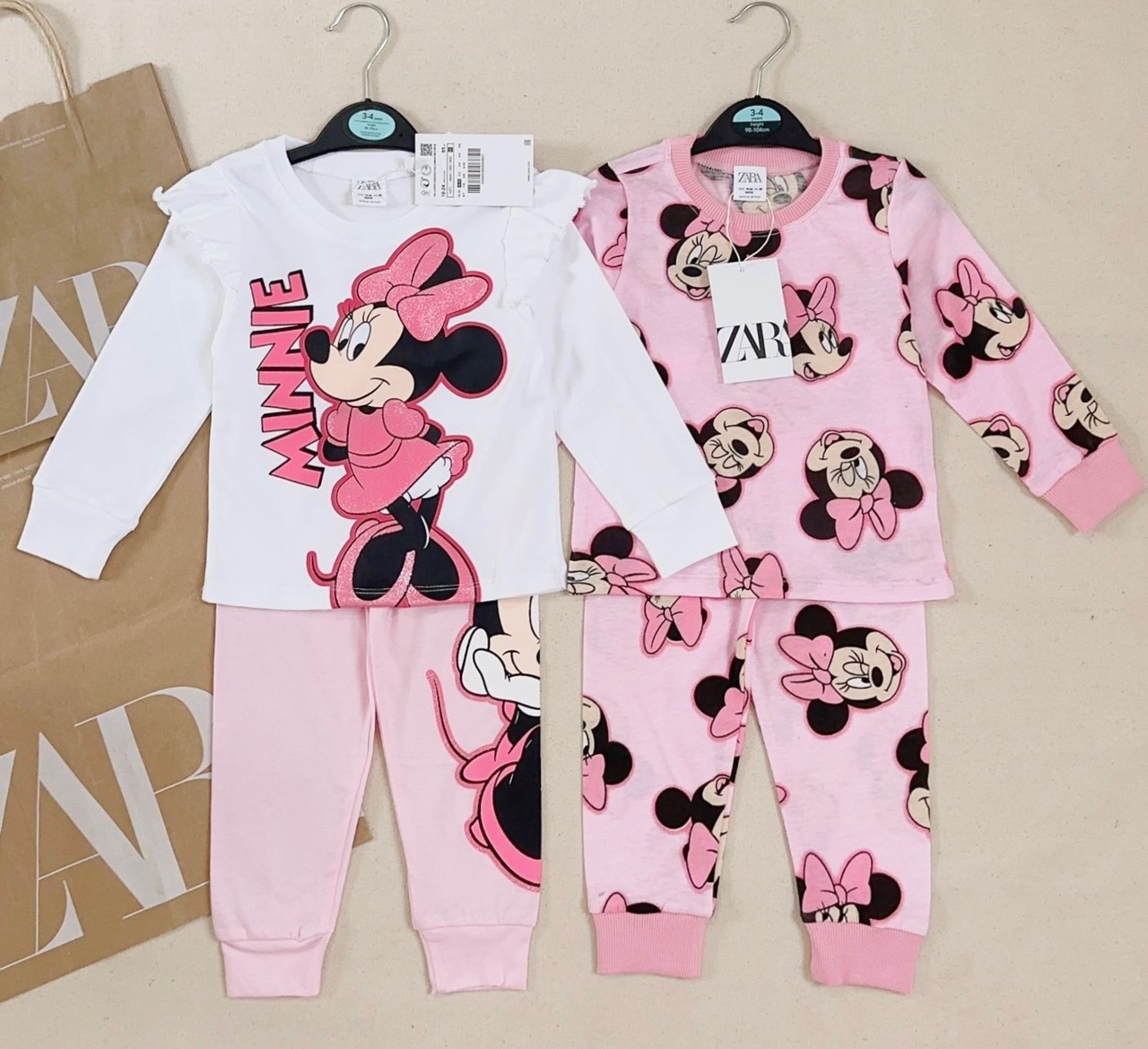 Set 2 bộ cotton dài tay bé gái Minnie trắng hồng 9-20kg