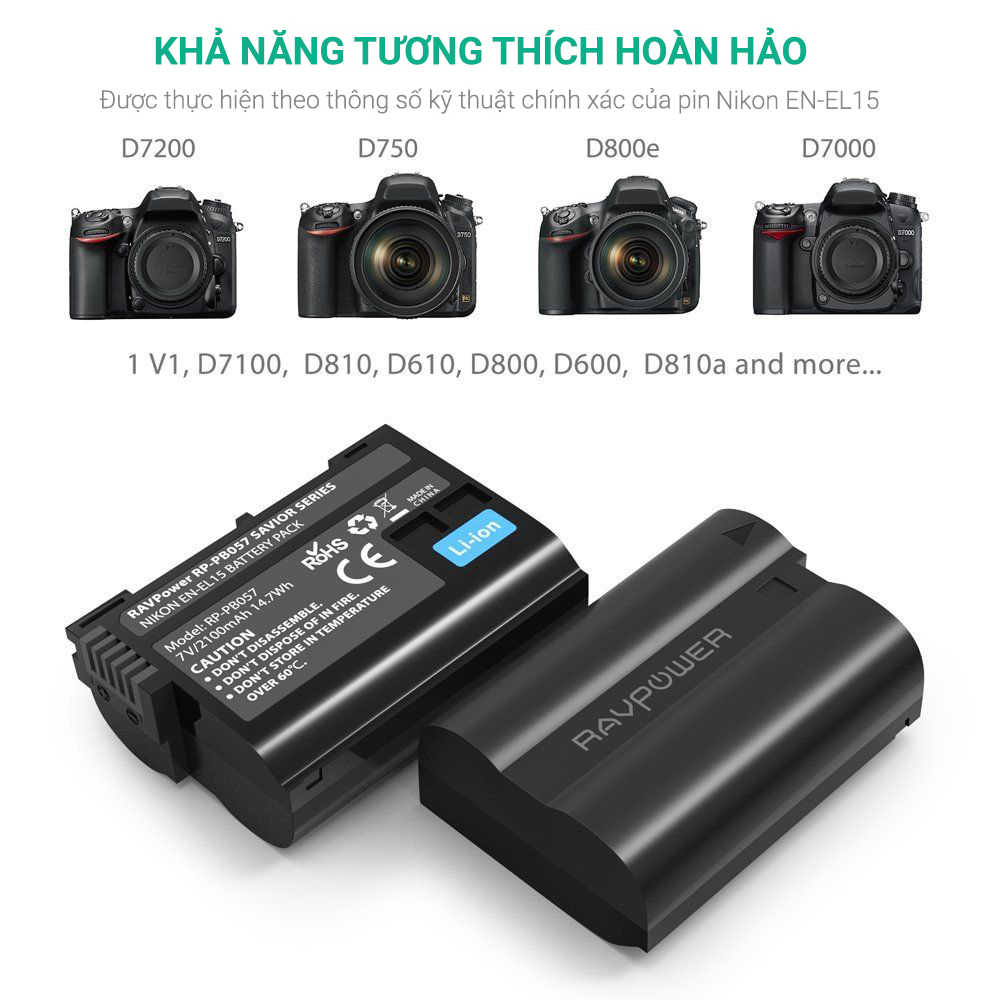 Hình ảnh Bộ 2 Pin + Sạc Đôi RAVPower EN-EL15 Cho Nikon D7200, D800, D800E, D810, D850... (Hàng Chính Hãng)