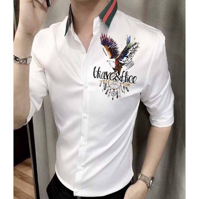 Áo Sơ Mi Nam Trắng Đẹp 5 Nút Họa Tiết Hoa Rồng Siêu Đẹp