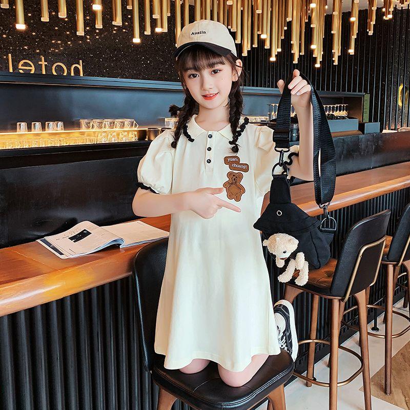 CHENGRUI Cô gái ăn mặc mùa hè váy tây thời trang trẻ em váy mùa hè cô gái nhỏ váy trung bình cô gái lớn polo váy lưới đỏ