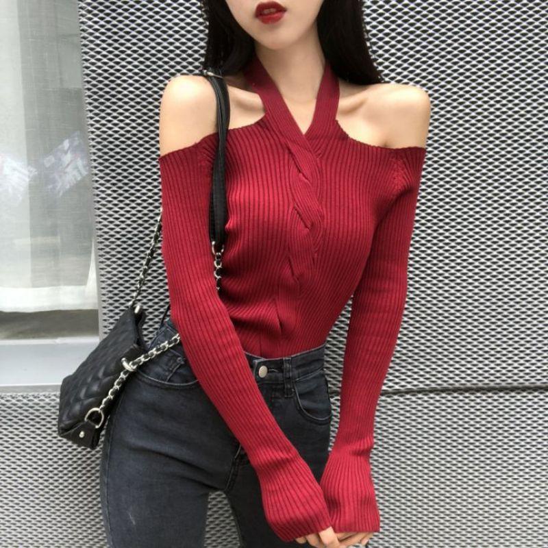 Áo Sweater dệt kim tay dài màu trơn phong cách retro