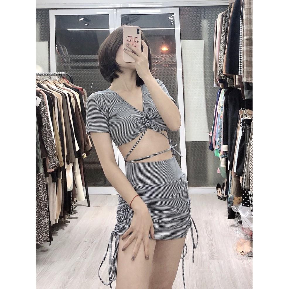 freeship Bikini đồ bơi hai mảnh cộc tay kín đáo sọc đen trắng quần đùi mặc đi biển đi bơi đẹp