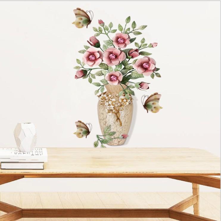 Decal trang trí tường - Chậu hoa và Hoa cổ điển hồng đậm