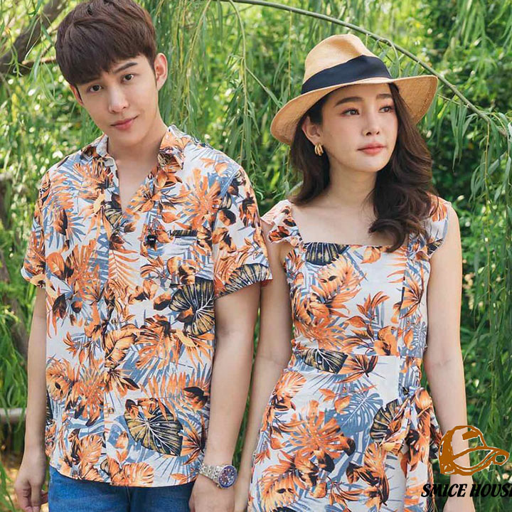 SET ÁO VÁY ĐÔI HOA LÁ ĐI BIỂN CHỤP HÌNH CƯỚI ĐẸP/ ĐỒ CẶP TÌNH NHÂN ÁO SƠ MI NAM ĐẦM XẺ TÀ NỮ PHONG CÁCH HÀN QUỐC - SMICE HOUSE