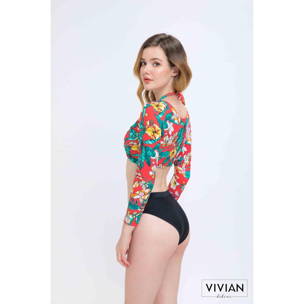 Áo bơi Nữ VIVIAN kiểu dáng tay dài cột V nhún- màu Đỏ - VS074_RD