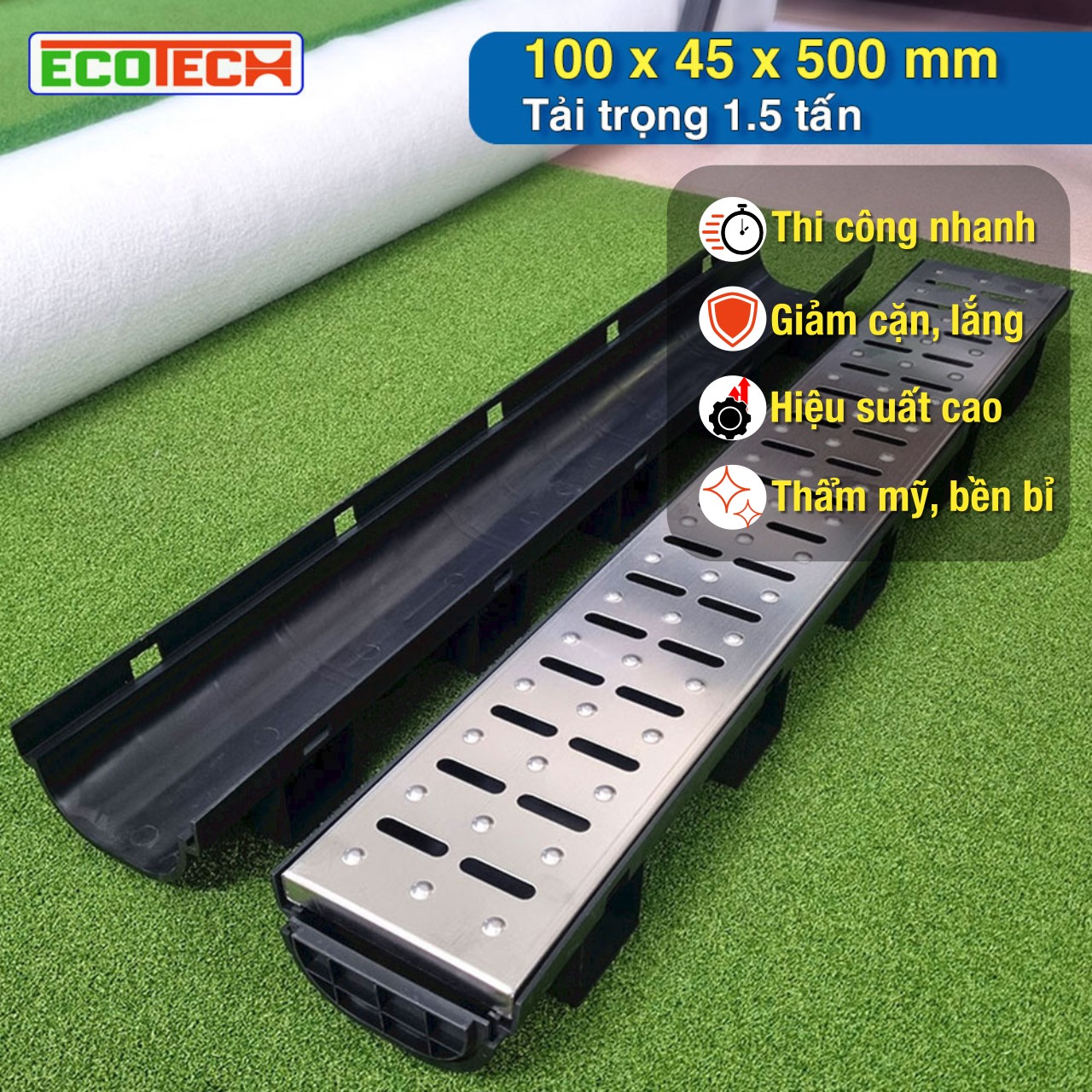 CỐNG THOÁT NƯỚC LẮP GHÉP ECO-Drain ID 100x45x1000 100x100x1000 100x150x1000 - Nắp Inox 201. Hiệu suất thoát nước cao - Thẩm mỹ - Dễ lắp đặt - Tiết kiệm chi phí thi công