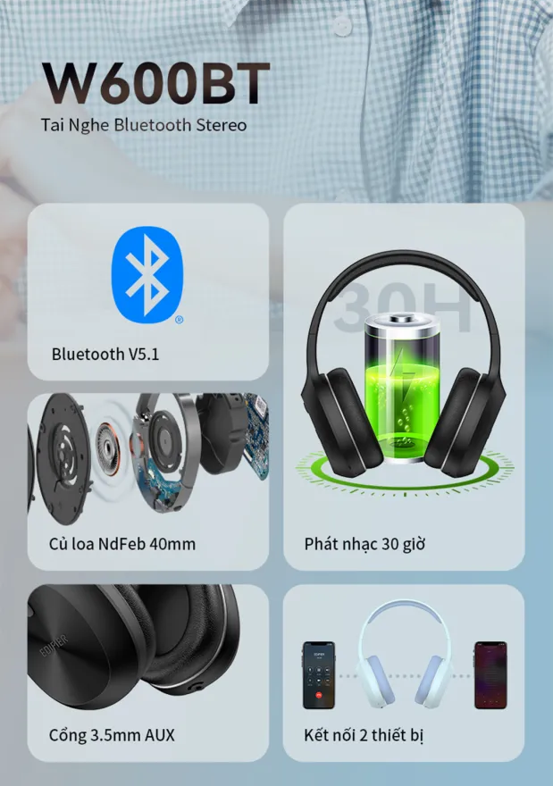 Tai nghe Bluetooth 5.1 EDIFIER W600BT - 30h Playtime - Thích hợp chơi game, học tập và làm việc trực tuyến (online) - Hàng chính hãng