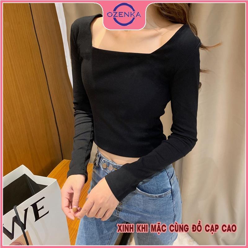 Áo croptop tay dài cổ vuông ôm nữ , crt thun gân 100% cotton màu trơn đen trắng free size dưới 52 kg