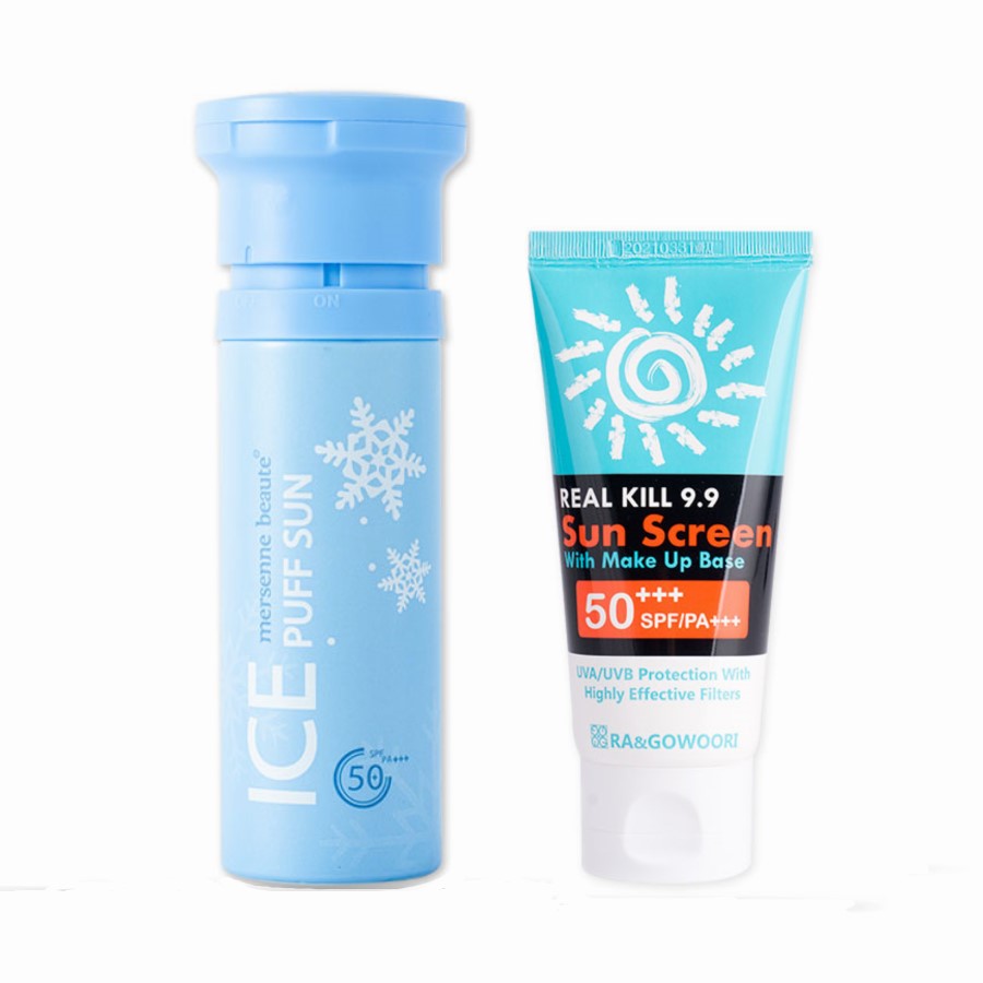 Combo chống nắng toàn diện (Kem chống nắng Ice Puff Sun Mersenne Beaute 100 ml + Kem chống nắng kiêm kem nền Real Kill Ra&amp;Gowoori 80 ml)