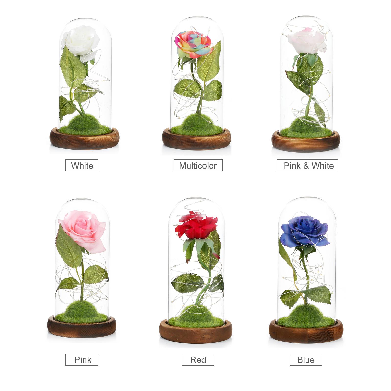 Hoa hồng giả dễ thương trong lồng kính, có đèn LED, làm quà tặng, trang trí