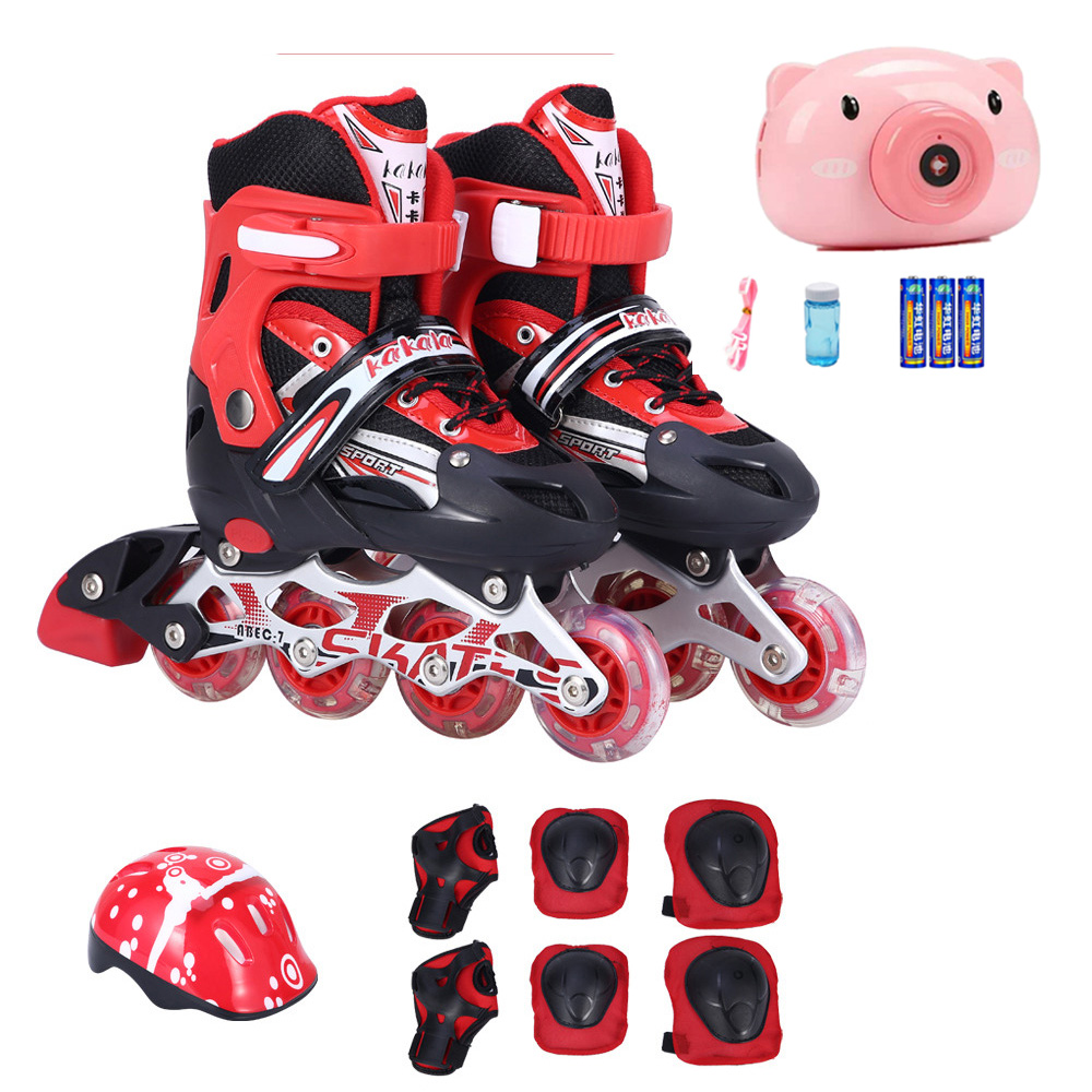 Combo Giày Trượt Patin Trẻ Em bánh Phát Sáng Cao Cấp Mẫu Mới 2021 và Đầy Đủ Bảo Hộ Chân Tay + Mũ Tặng Kèm Máy Thổi Bong Bóng Bubble Camera