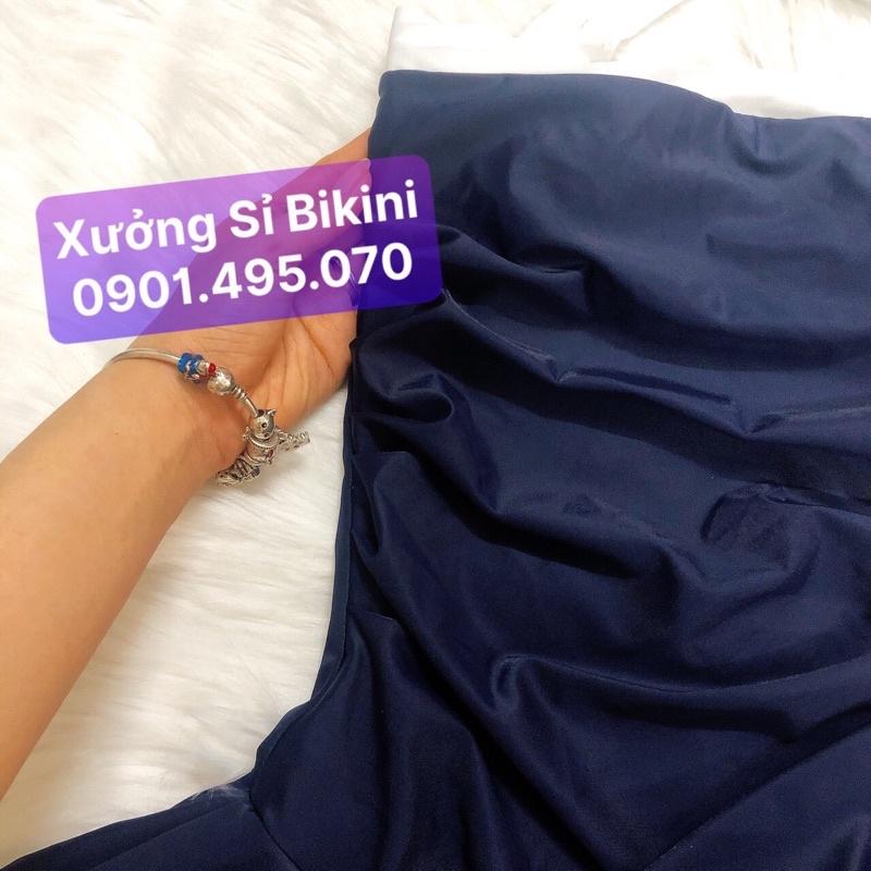 Bikini nữ Đồ bơi nữ liền mảnh váy xòe nhún bụng màu xanh đen viền ngực trắng kín đáo 2022