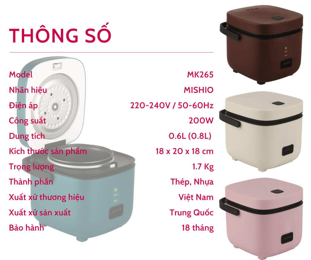 Nồi Cơm Điện Mini Mishio MK265 0.8 Lít - Hàng chính hãng