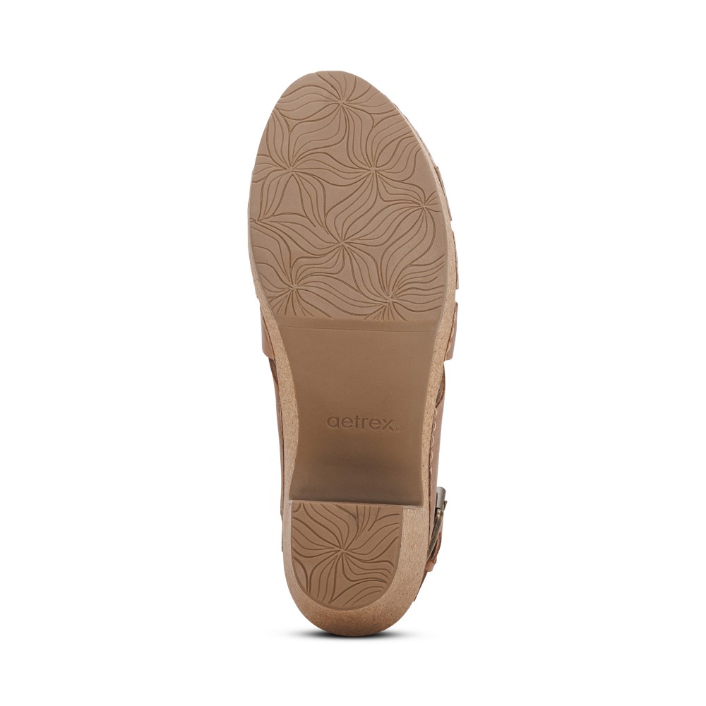 Sandal sức khoẻ nữ Aetrex Paige Camel - giày da cao gót đệm êm