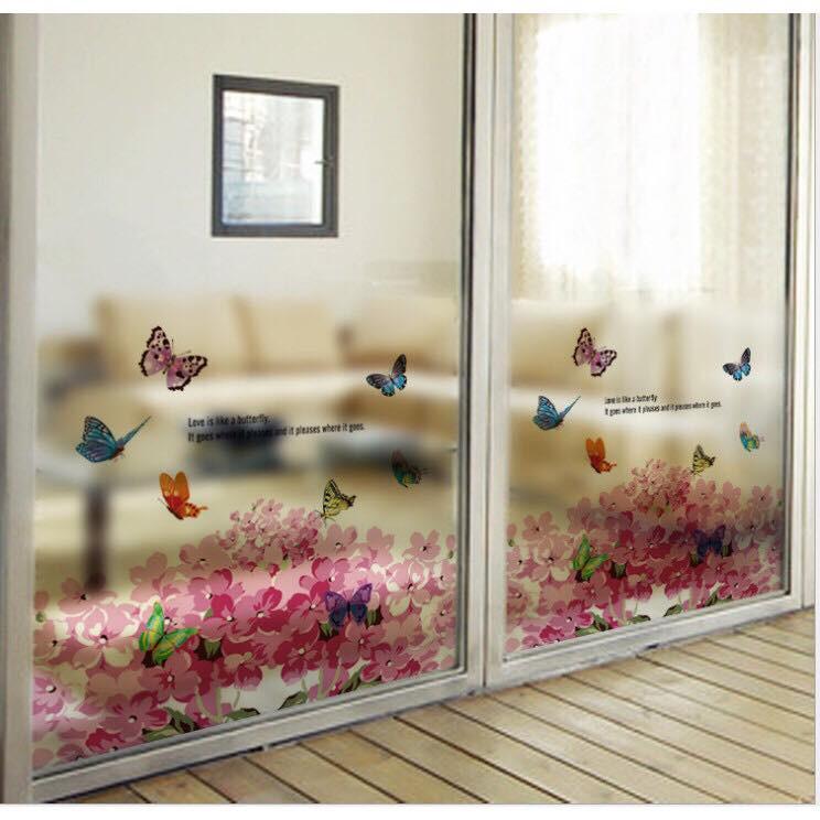 Decal trang trí kính cao cấp mẫu hoa bướm hồng