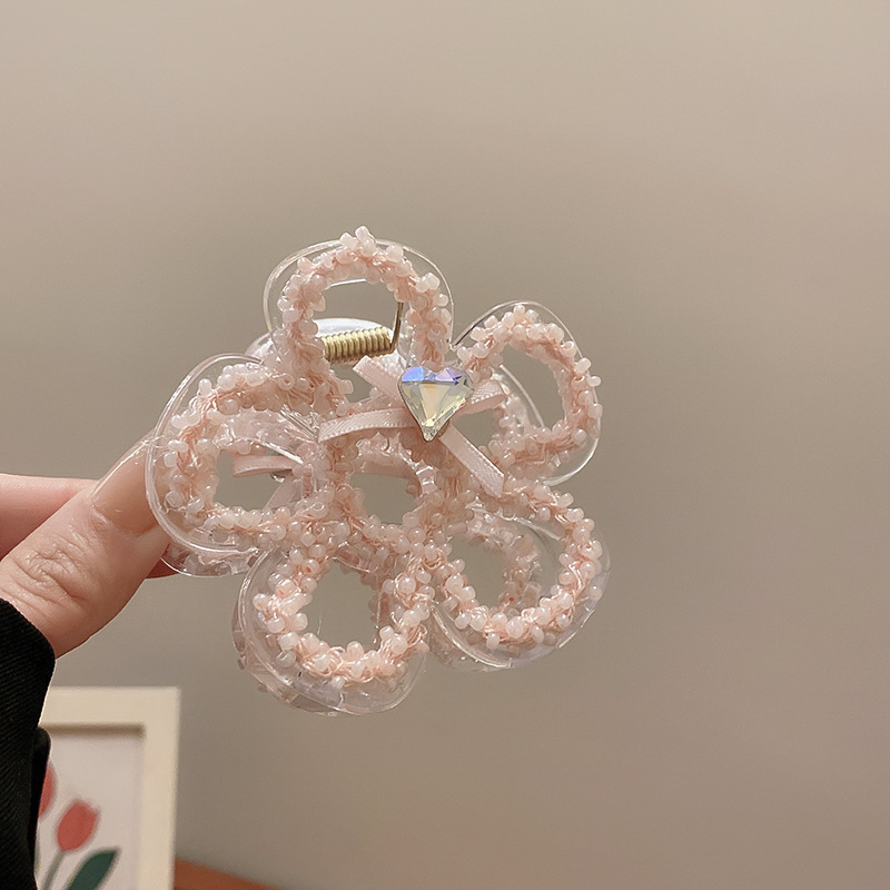 Kẹp tóc càng cua nhựa acrylic hình bông hoa đính hạt, kẹp tóc màu hoongf ngọt ngào, hoa 5 cánh