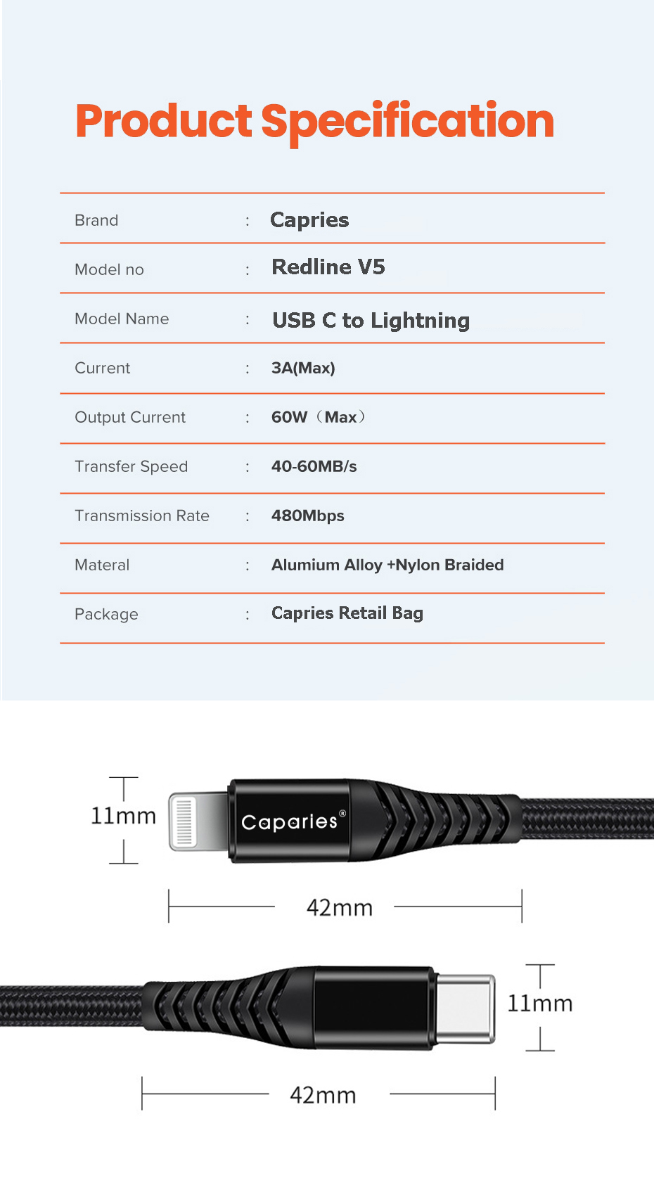 Dây Cáp Sạc 60W Type C To Lightning Chuẩn MFi Cho iPhone Caparies Redline V5 - Hàng Chính Hãng