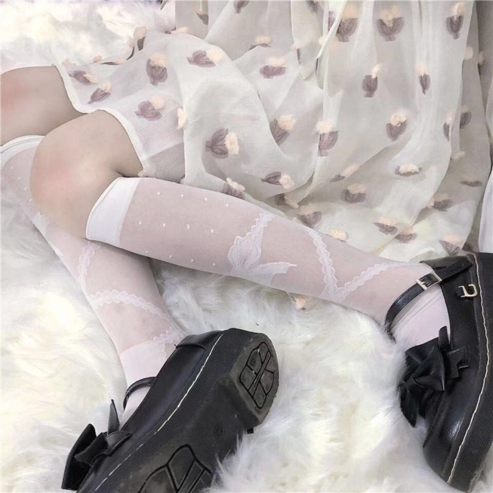 Tất, vớ mỏng tới bắp chân phong cách lolita họa tiết nơ chìm chấm bi, thoáng mát, cá tính, cosplay Gợi Cảm Cho Nữ