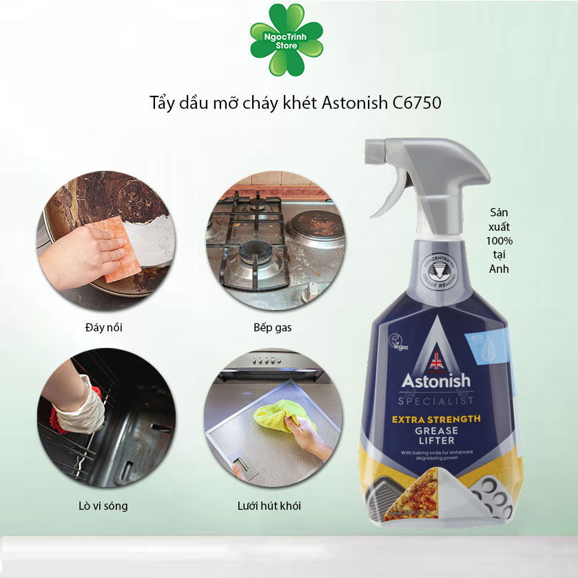 Siêu tẩy dầu mỡ cháy khét bếp Astonish tẩy sạch lưới lọc máy hút mùi, mặt bếp ga, bếp từ, tường gạch ốp. Chai 750ml