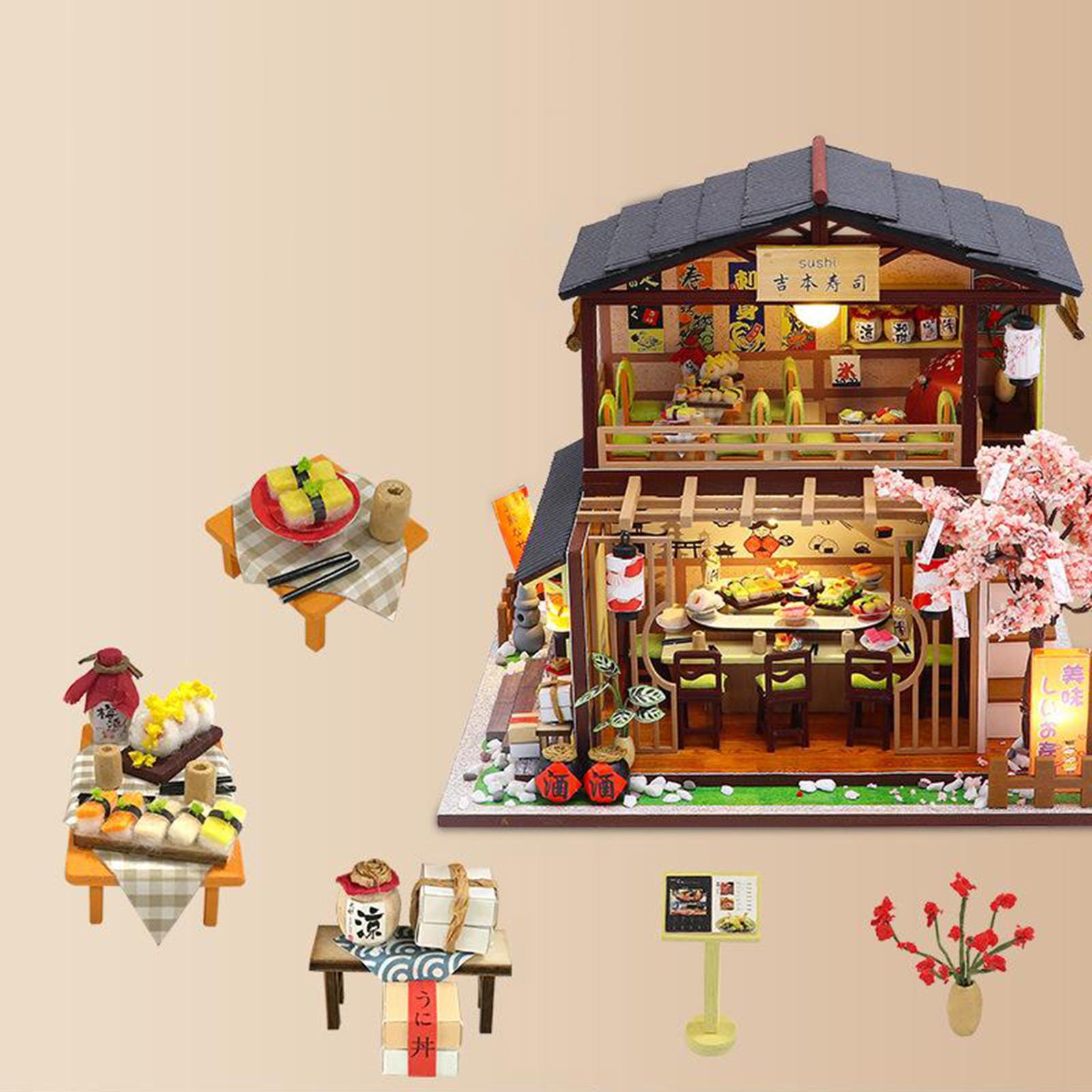 DIY Miniature Dollhouse Kit with Furniture & LED Light Warm Sushi Shop Gifts