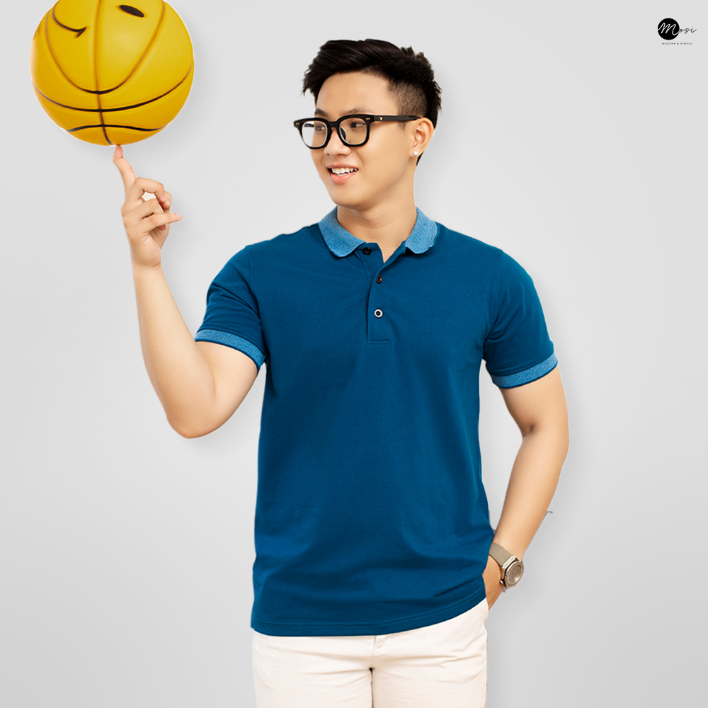 Áo polo nam cổ bẻ phối viền vải cotton chuẩn form, lịch sự, năng động,  xanh đậm- MOSI