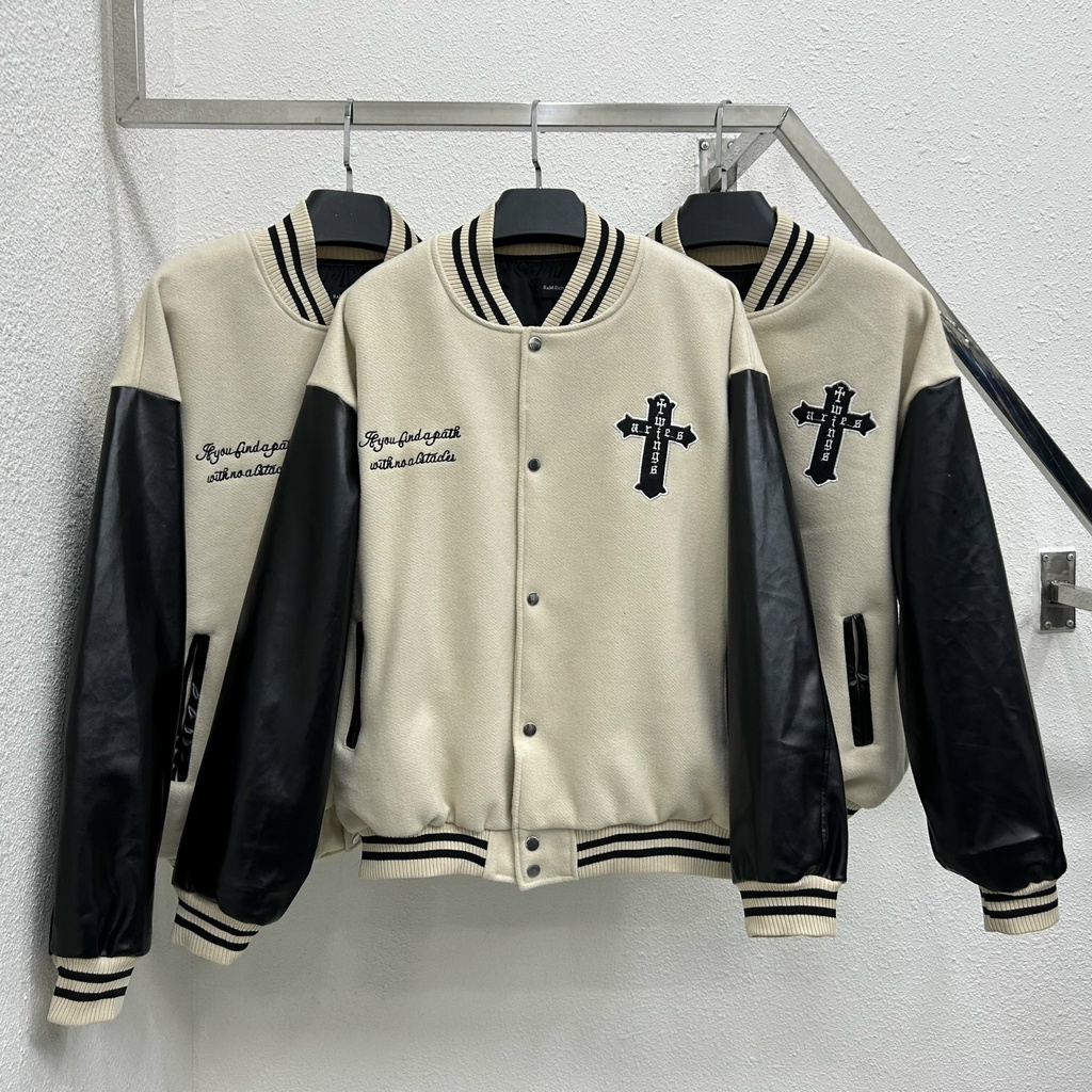 Áo khoác Bomber tay da , varsity jacket nam nữ chất dạ 2 lớp , áo khoác bóng chày local brand unisex - Gin Store