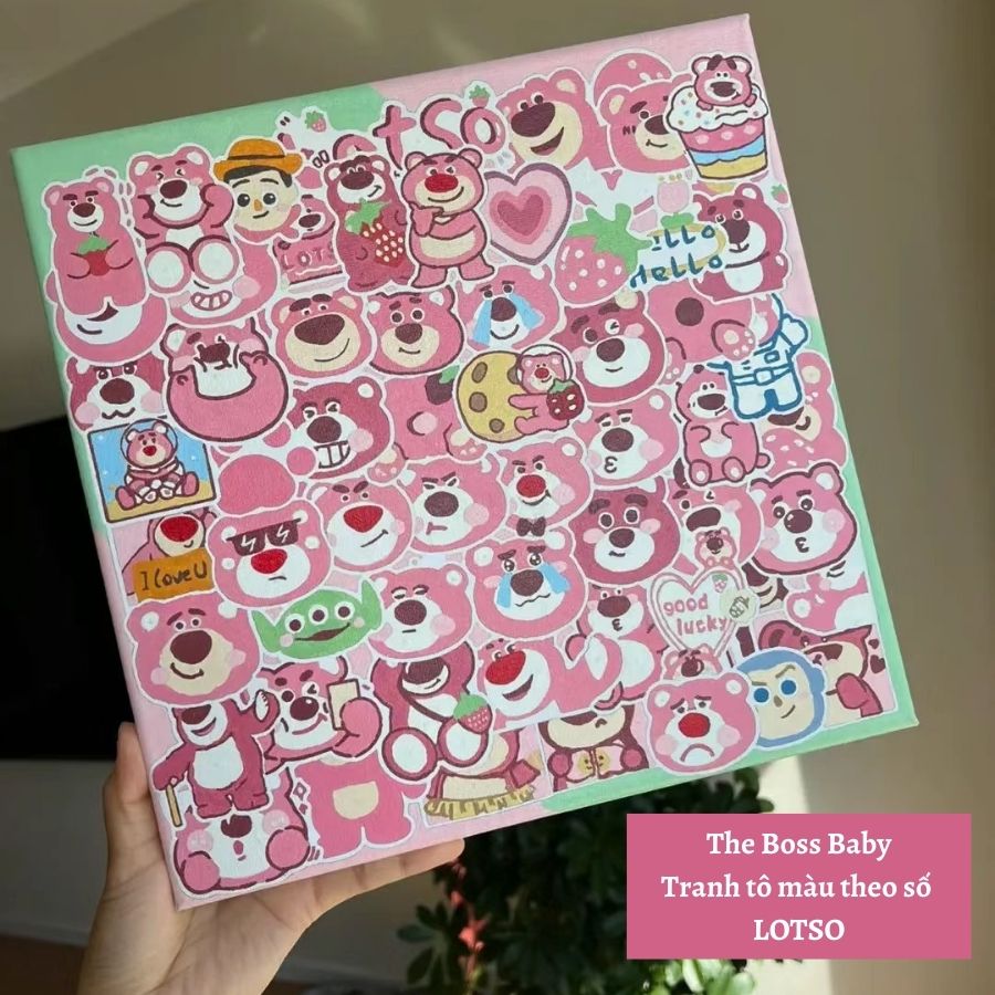 Tranh Tô Màu Theo Số Gấu Dâu Lotso Và Toy Story Có Sẵn Khung 30x30cm Và Dụng Cụ