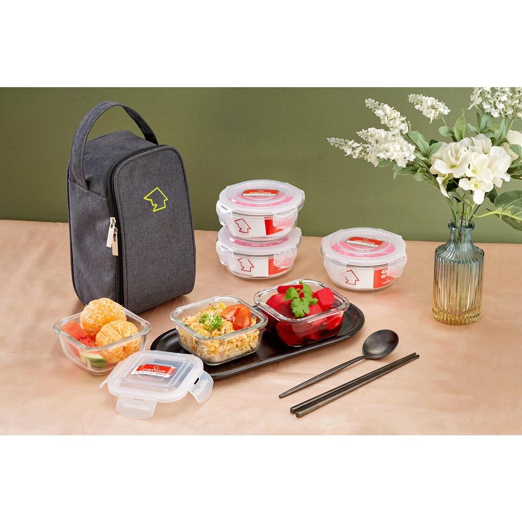 Bộ 5 hộp thủy tinh COBA'COOK chịu nhiệt hộp đựng cơm trữ thức ăn thực phẩm trong tủ lạnh chữ nhật 370ml- CCL35