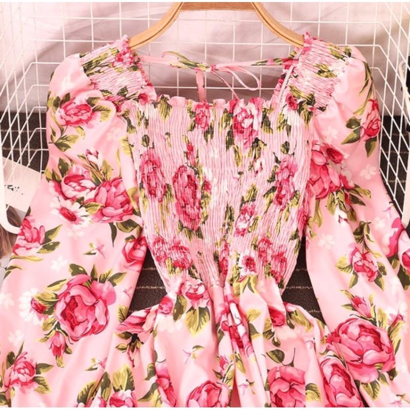 ĐẦM MAXI TAY PHỒNG HOA HỒNG SANG CHẢNH