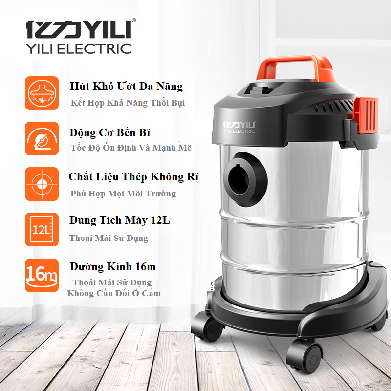 Máy hút thổi bụi công nghiệp Yili dung tích 12L, công suất 1200W, Máy hút bụi gia đình có thể hút khô, hút ướt và thổi bụi mạnh mẽ - Hàng Chính Hãng