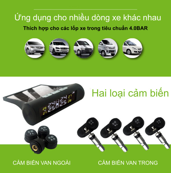 Cảm biến áp suất lốp xe ô tô TPMS thông minh màn hình LCD màu, chạy bằng năng lượng mặt trời lắp van ngoài T3