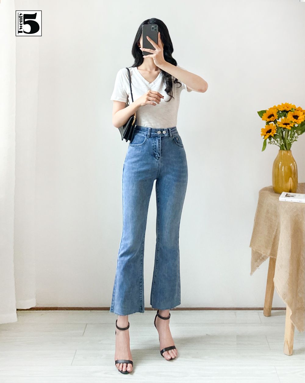 Quần jeans nữ ống loe lưng cao cạp 2 cúc co dãn Twentyfive 3787