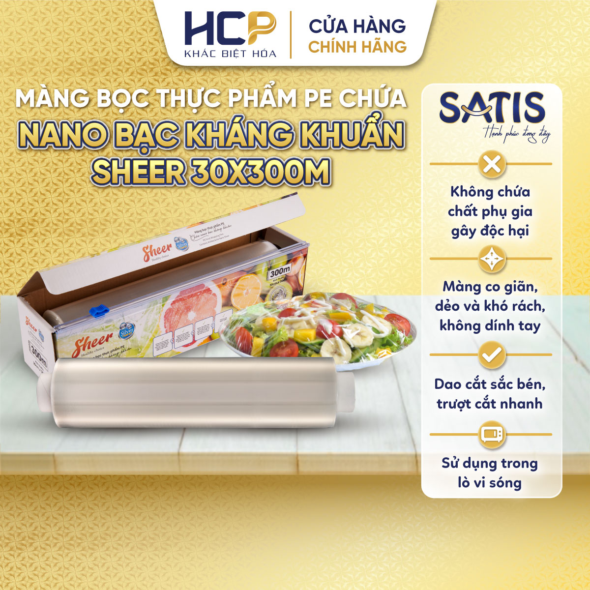 Hộp Màng Bọc Thực Phẩm PE Kháng Khuẩn 30cmX300m SATIS Phủ Nano Bạc An Toàn Cho Sức Khỏe Dùng Được Cho Lò Vi Sóng