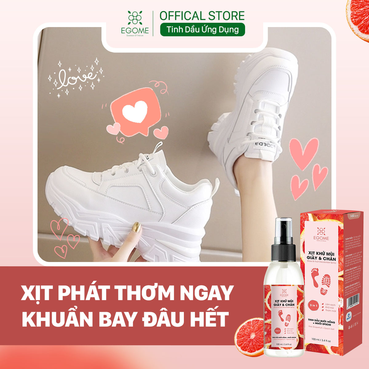 Xịt Khử Mùi Giày Và Chân Egome Tinh Dầu Bưởi Hồng làm sạch và thơm mát 100ml