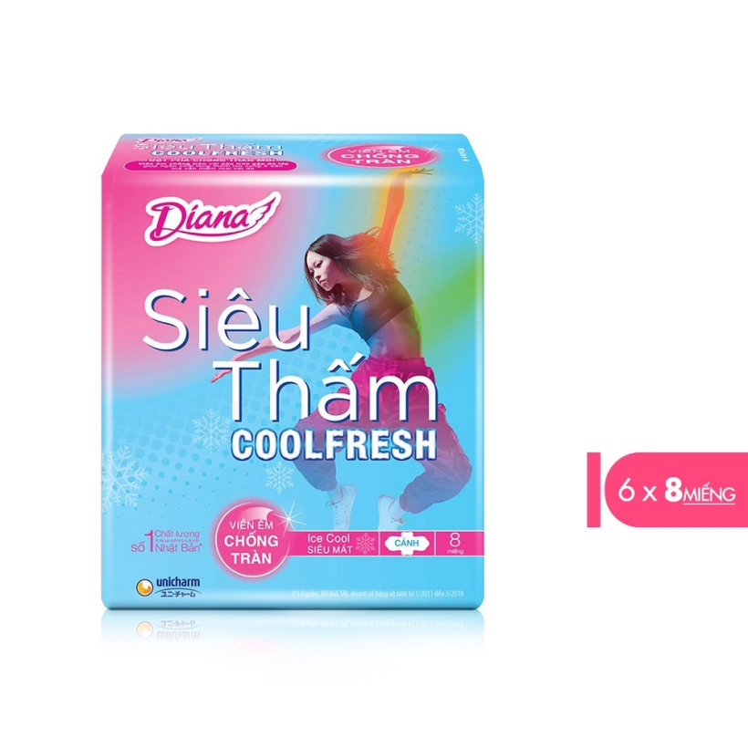 Bộ 12 Băng vệ sinh Diana Siêu thấm Cool Fresh Siêu mỏng Cánh 08 miếng