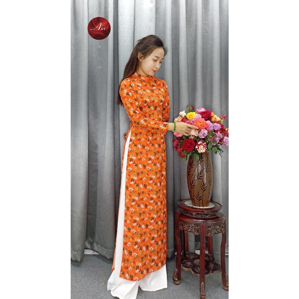 Áo dài nữ nền cam họa tiết hoa nhí chất lụa mềm mịn mát cao cấp - Áo dài Airi