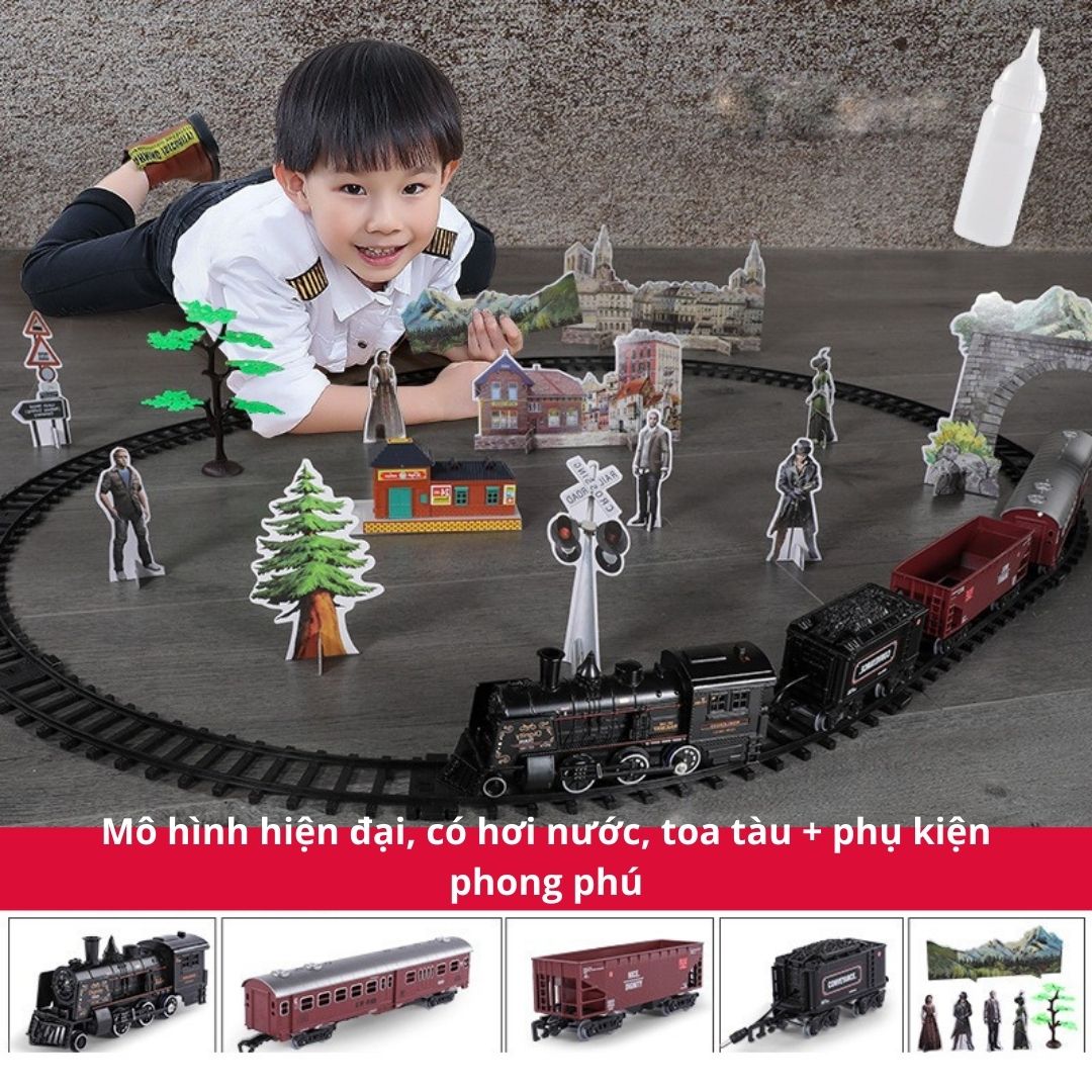 [Có sẵn] Đồ chơi mô hình tàu hỏa cổ điển chạy trên đường ray, nhả hơi nước, có đèn và âm thanh