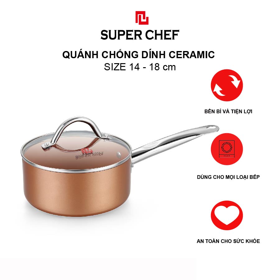 Nồi Chống Dính Ceramic Cán Dài Super Chef Cao Cấp Siêu Bền Bỉ Không Bong Tróc, Chống Ăn Mòn, Đảm Bảo An Toàn Sức Khỏe Kèm Nắp Kính ( Size 14, 18 cm)