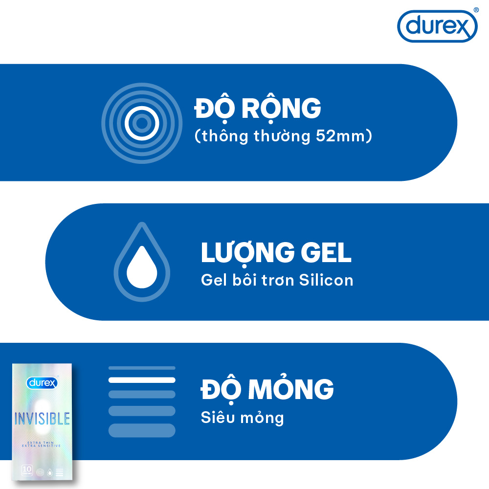 Bộ 3 hộp bao cao su Durex Performa kéo dài thời gian, size 52mm, 3 bao/hộp