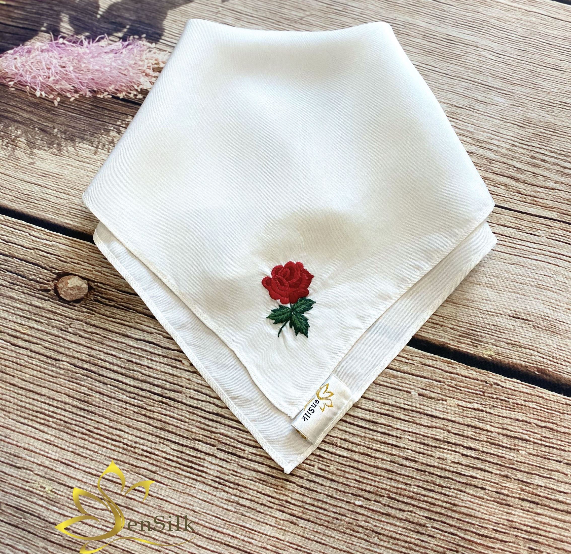 Khăn Tay Thêu Handmade Hoa Hồng Sen Silk - 100% Mulberry Silk Embroidery - Quà Tặng Bạn Gái Trai - Quà Việt Nam cho Khách Nước Ngoài - Lụa Tơ Tằm Thuần Việt