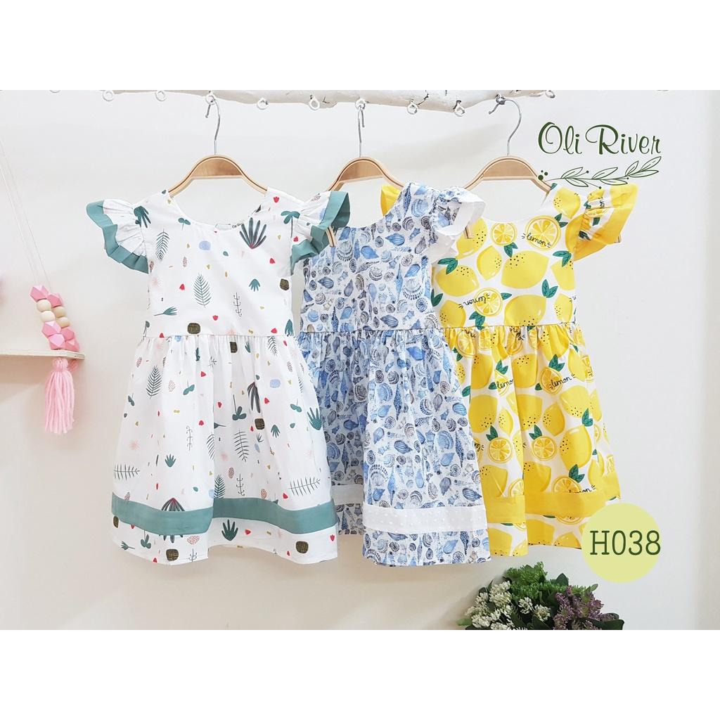 Đầm bé gái Oli River hở lưng hoạ tiết hoa cỏ tay cánh tiên cho bé từ 8 đến 32kg