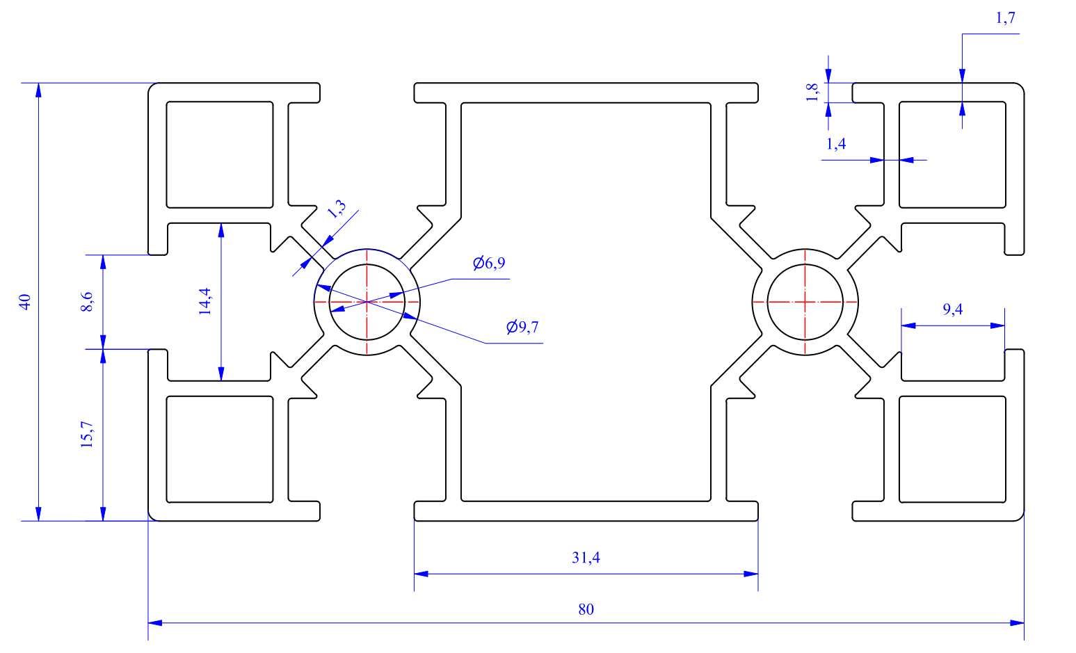 Nhôm định hình 40x80 (LWA-480682700-2) - Miễn phí cắt theo kích thước yêu cầu (Giá đã bao gồm VAT)