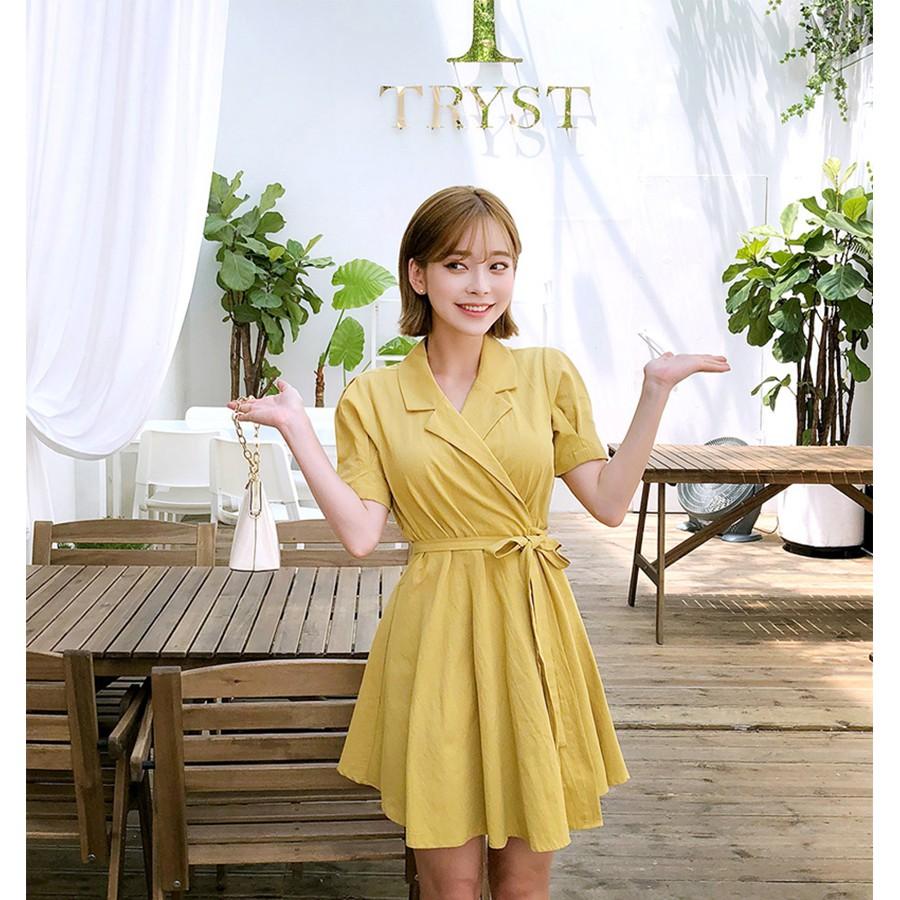Đầm công sở hồng và vàng cổ vest cột nơ eo