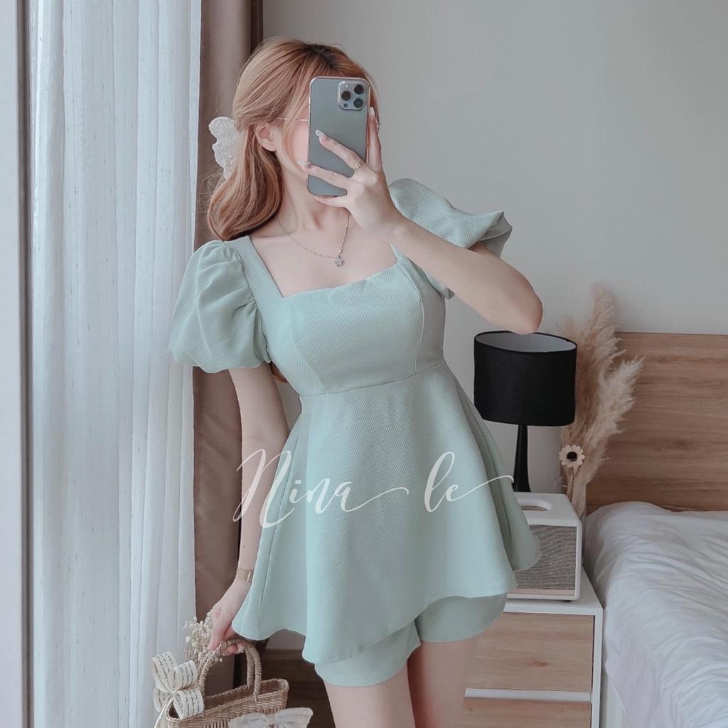 Sét bộ áo tay phồng cổ vuông phối quần đùi màu sắc dịu dàng thời trang nữ dự tiệc, dạo phố