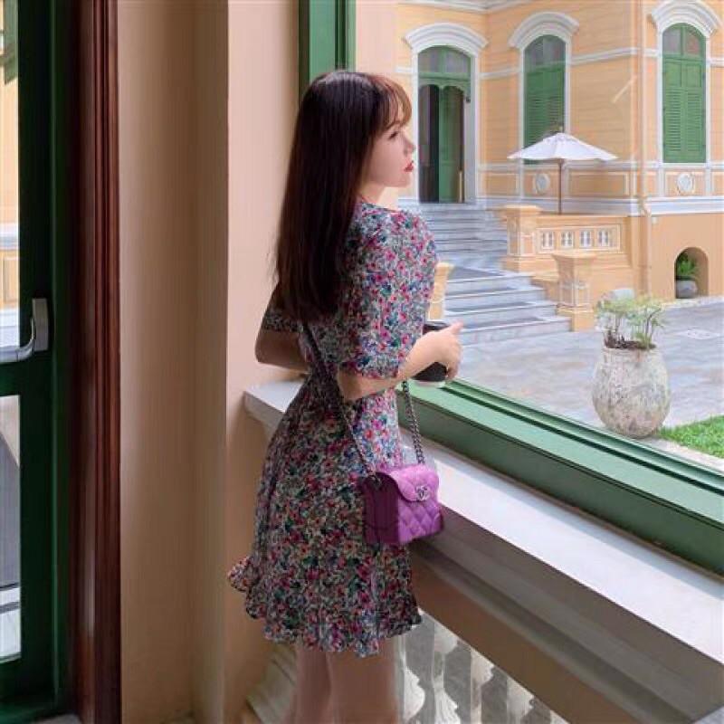 Váy đầm hoa họa tiết sang chảnh bộ đuôi cá tím - váy hoa dáng xòe tôn dáng