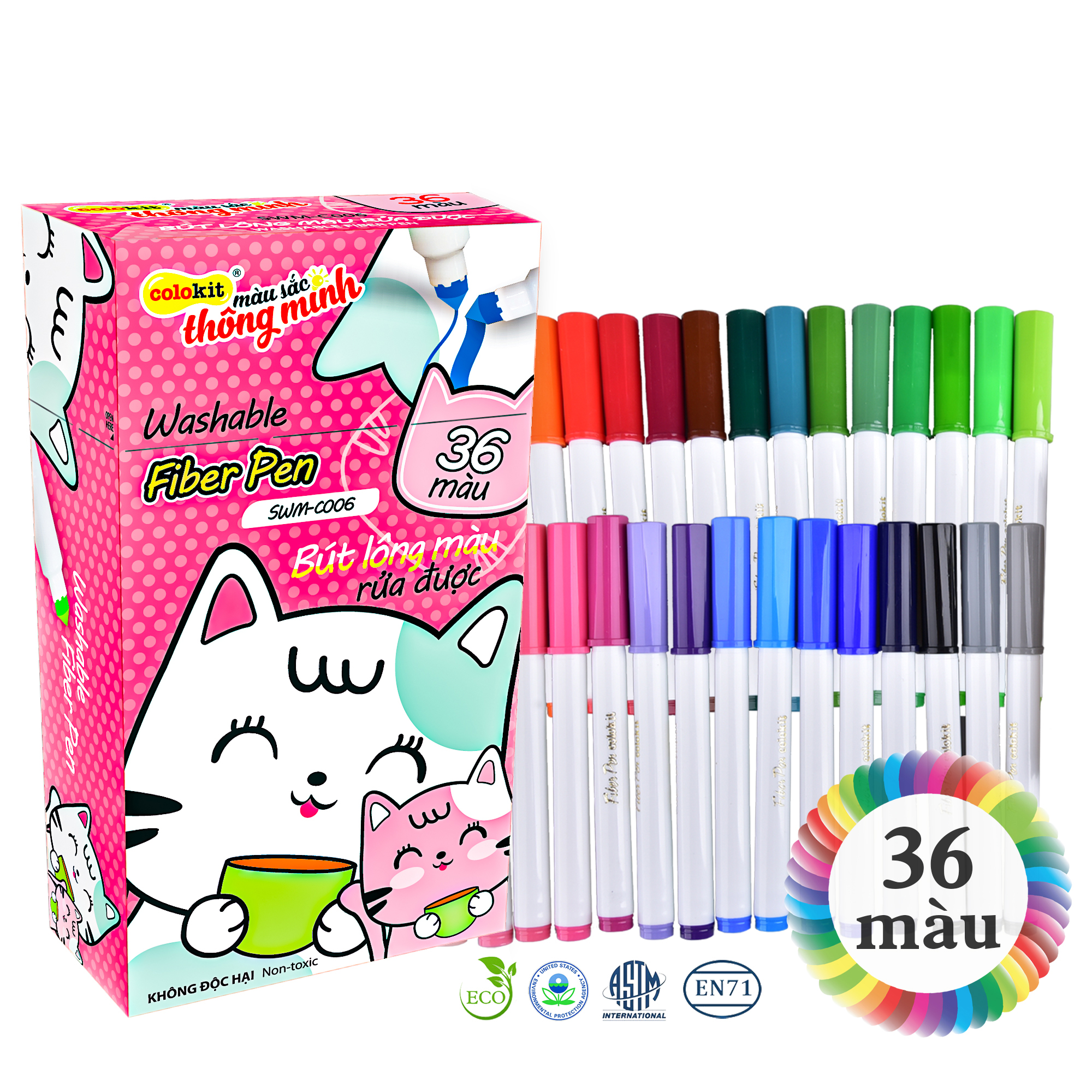 Bút lông 36 màu Fiber Pen Washable - Nét mảnh nét to - Colokit SWM-C006